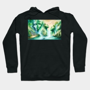 Faces as rocks and mountains, harbor and city at the waterfall and lake Hoodie